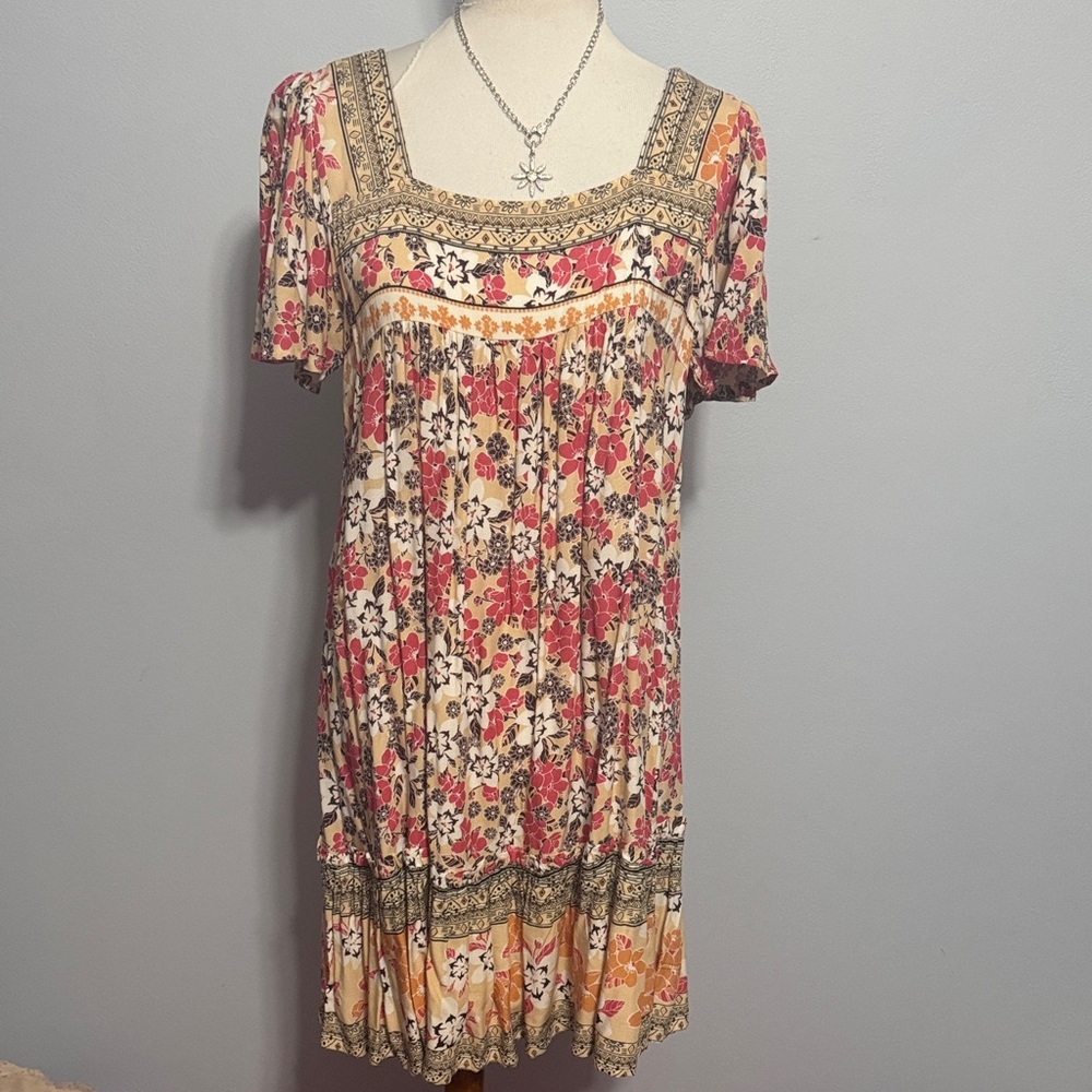 JODIFL Cream Midi Dress with Coral and Mustard Floral Print